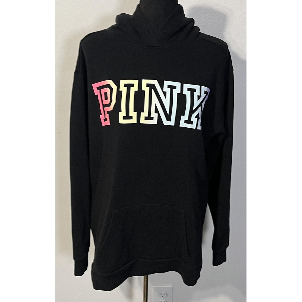 PINK Victoria's Secret Hoodie Womens Medium Black Pullover Rainbow Logo Fleece
